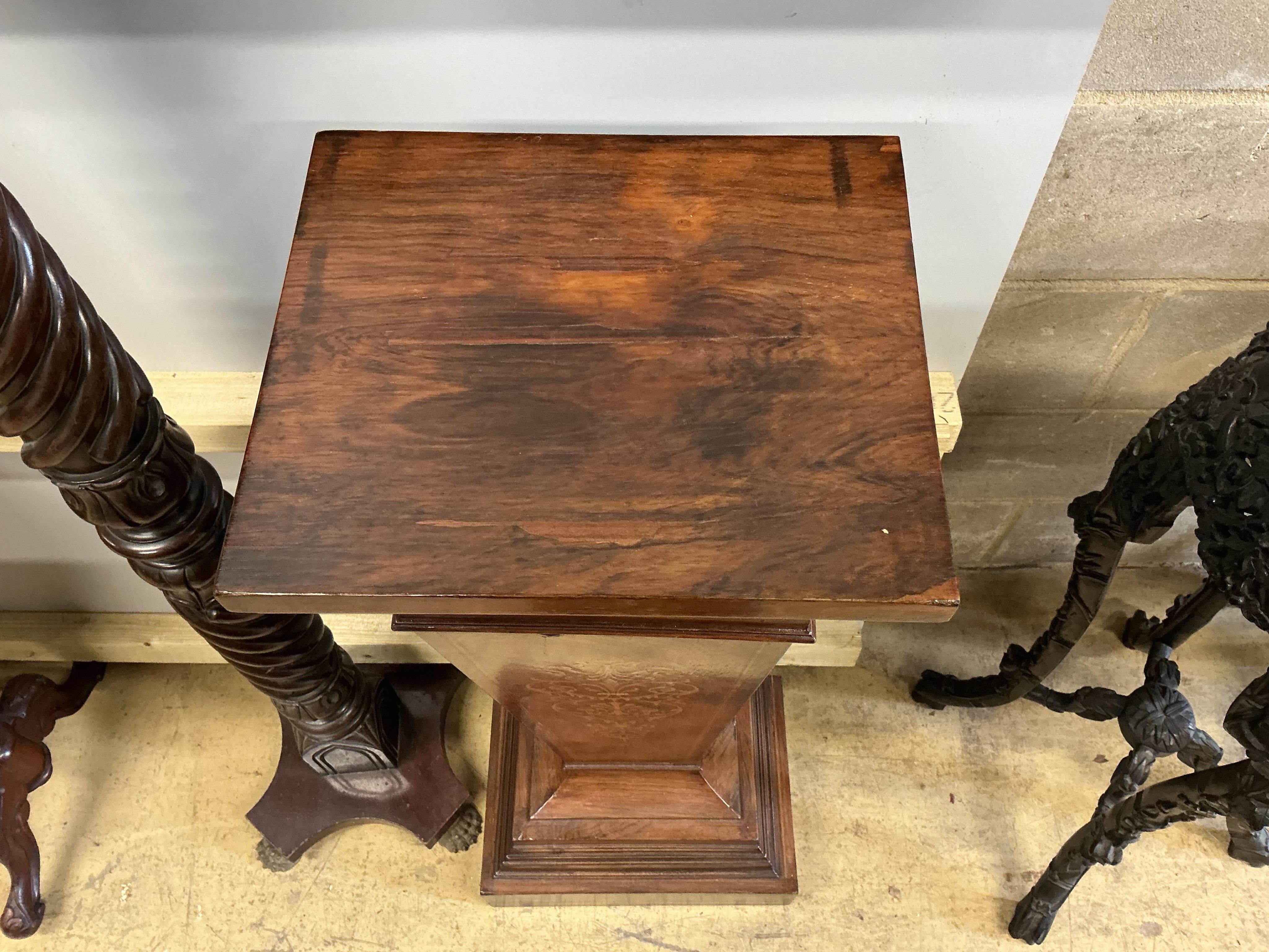 An Edwardian marquetry inlaid rosewood pedestal, width 32cm, height 109cm
